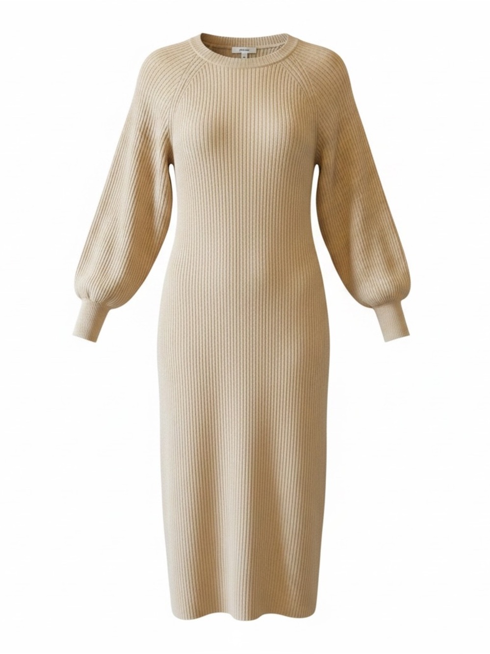 Amuse Society Beige Ribbed Balloon-Sleeve Midi